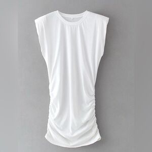 NWT Halston White Mock Neck Shoulder Pad Shirred Sides Cap Sleeve Top XL